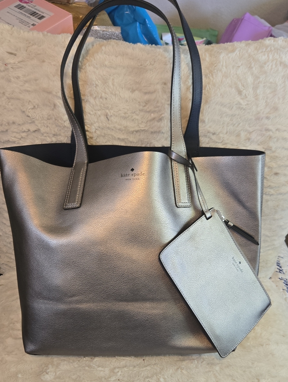 kate spade Metallic Silver Leather Tote with Wristlet Pouch